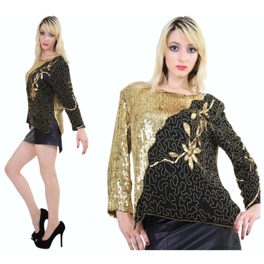Jean for Joseph Le Bon 100% Silk Sequin Top Size Medium Gold Black Colorblock
